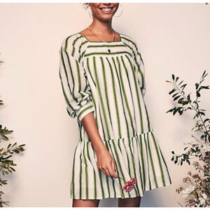 Happy X Nature Luna Dress Womens Large Green White Striped Square Neck Babydoll